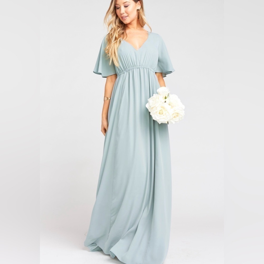 Show Me Your MuMu Emily Empire Maxi Dress in Silver Sage Crisp Size Medium NWT